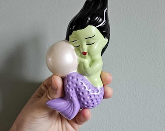 Kitsch Lily Munster Merbaby Wall Plaque - Halloween, Vintage style chalkware, Mermaid, Mid-century, Lefton, Norcrest