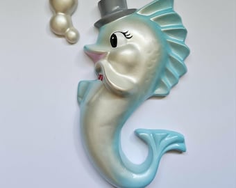 Kitsch Gentleman Fish Wall Plaque (Pearl & Blue) - Vintage style, Mid-century, Chalkware, Lefton, Norcrest, Miller, Mermaid, Bathroom decor
