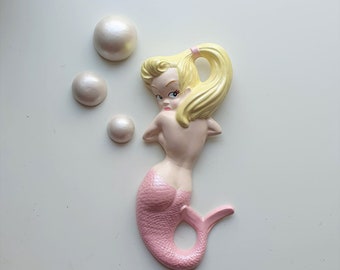 Kitsch Mermaid Wall Plaque (Rose and Pearl) - Vintage style chalkware, Mid-century, 50s, Lefton, Norcrest, Bathroom Decor