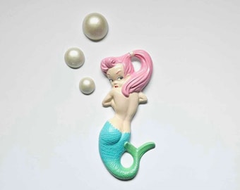 Kitsch Mermaid Wall Plaque (Pink & Teal) - Vintage style chalkware, Mid-century, 50s, Lefton, Norcrest, Bathroom Decor