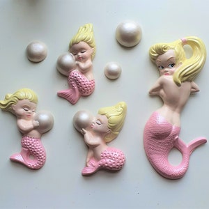 Kitsch Mermaid Family Wall Plaque Set (Rose & Pearl) - Vintage style chalkware, Mid-century, Lefton, Norcrest, Tiki