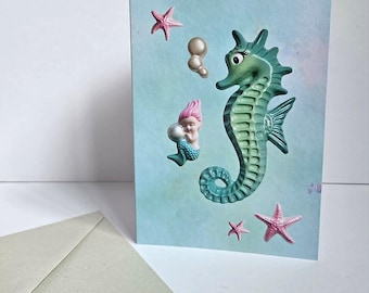 Kitsch Seahorse Greeting Card - Blank inside - for vintage, retro, mermaid, MCM, chalkware, kewpie, tiki fans