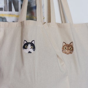 Cat tote bag, hand embroidery, personalised, your kitty face, custom embroidery, made to order, cute, handmade kittycat, custom tote bags