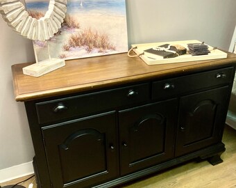 Gorgeous black buffet with wooden top hand painted vintage furniture