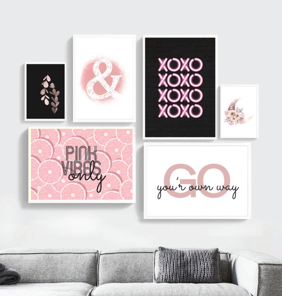 20 Pink & Gray Wall Decor, Teen Girl Room Decor Set, College Dorm