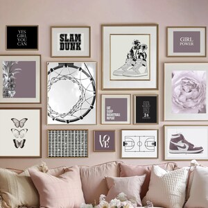20 basketbal tiener kunst aan de muur, basketbal print set, tiener meisje poster set, paarse sport prints, tiener paarse muur kunst, paarse artwork bundel