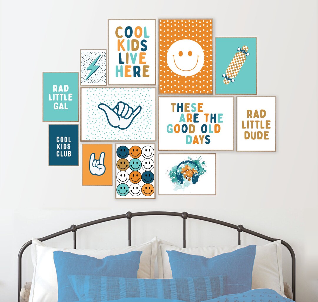 25 Blue Orange Wall Art Set, Boys Room Print Set, Boys Room Decor, Teen
