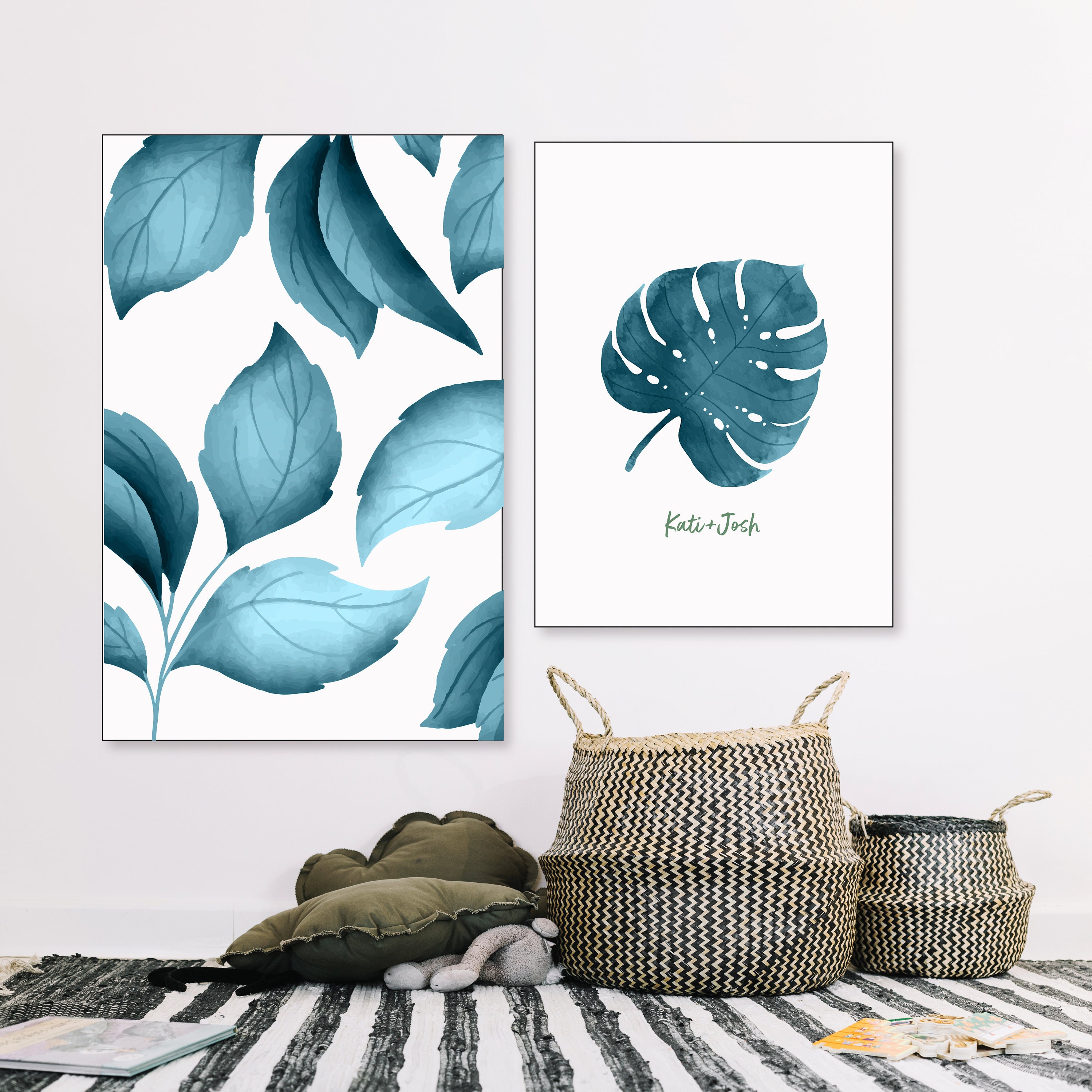Teal Blue Botanical Printable Wall Art Tropical Watercolour | Etsy