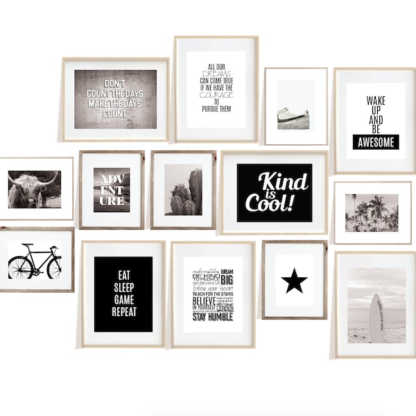 Set of 14 Black & white printable Wall Art, Teen Boy Room Decor set, Inspirational Empowering Quotes, Boy Room Decor, Cool Kid Print Bundle