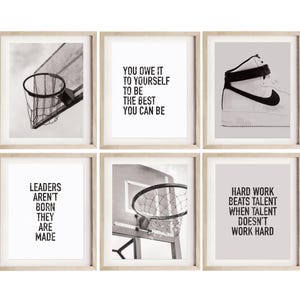 Set di 6 stampe di basket per ragazzi, poster stampabile di basket NBA, citazione sportiva motivazionale, arredamento per camerette per adolescenti, stampe per adolescenti in bianco e nero