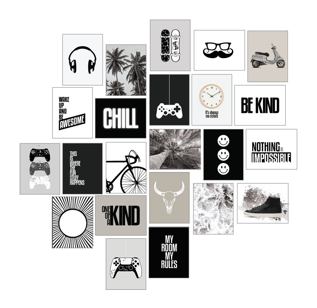 22 Black &amp; White Teen Boy Room Decor Set, Printable Wall Art Set, Teen ...