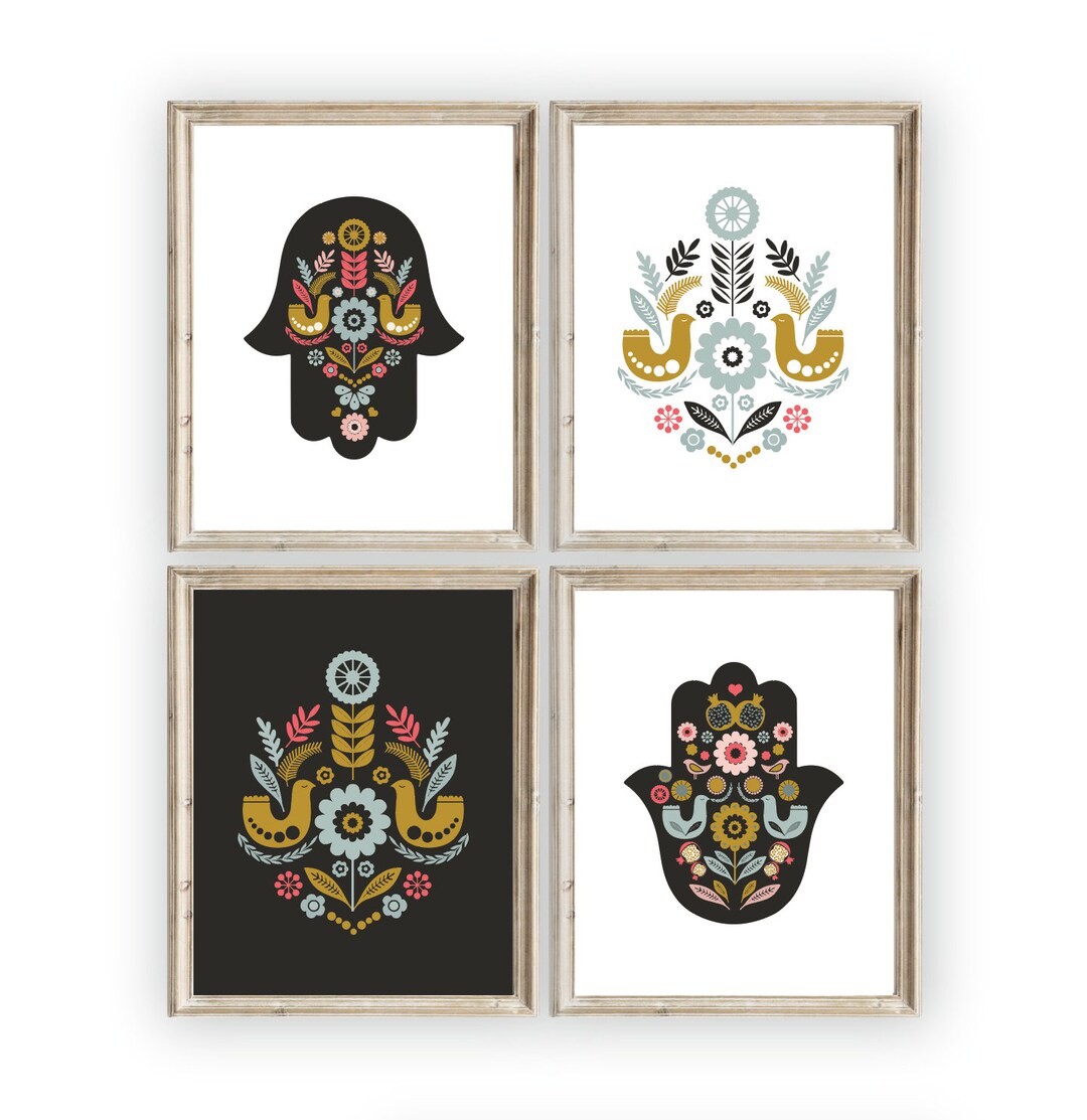 4 Hamsa Prints, Hamsa Wall Art, Hand of God Wall Decor, Jewish Wall Art