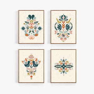 4 Scandinavian Wall Decor Set, Nordic Printable Wall Art, Scandi Style Folk Art Print, Swedish, Nordic Decor Bundle, Retro Nordic Pattern