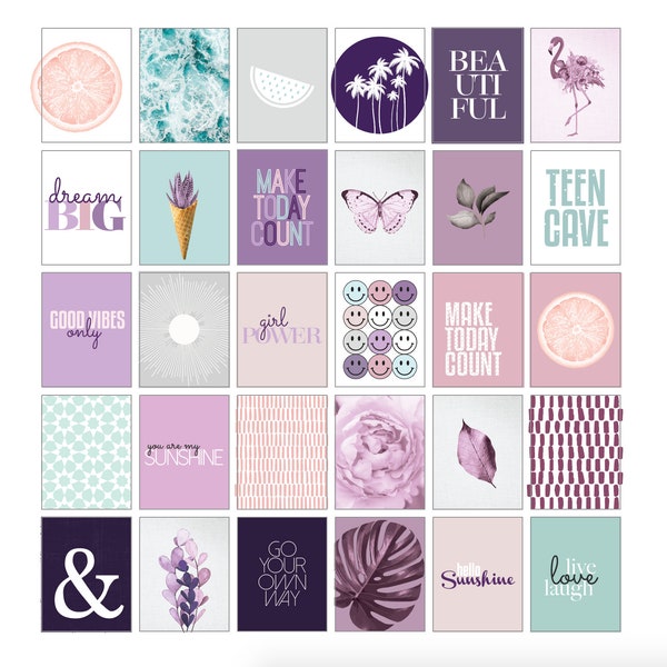 50+ Teen room wall art set, Girl room wall decor, Purple printable wall art set, dorm decor bundle, pink wall decor, Teen room Decor