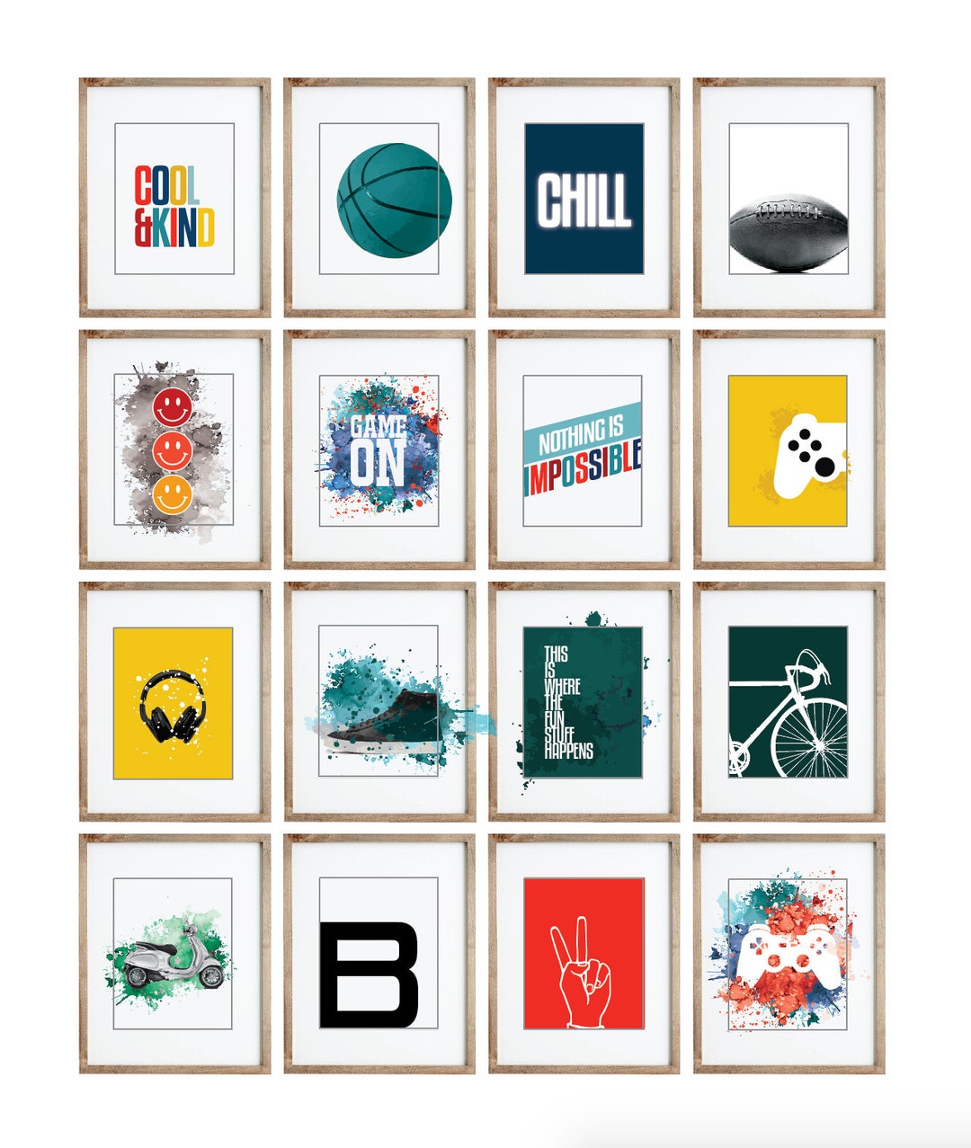 26 Colorful Wall Art Set, Boys Room Print Set, Boys Room Decor, Teen