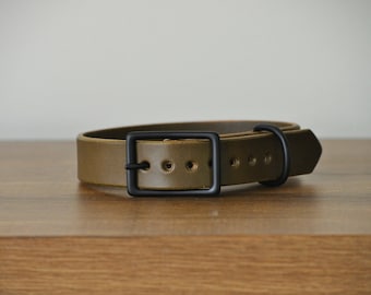 Olive Green Leather Dog Collar, Personalized, Premium English Bridle Leather, Solid Brass Buckle and D-Ring, Hand-Crafted, Custom Stamped