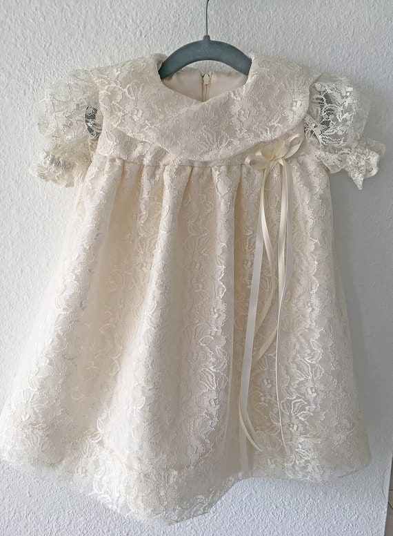 Infant Ivory Lace Handmade Dress, Baby Girl Ivory Lace Dress with Bow Infant Ivory Lace Handmade Dress, Baby Girl Ivory Lace Dress with Bow