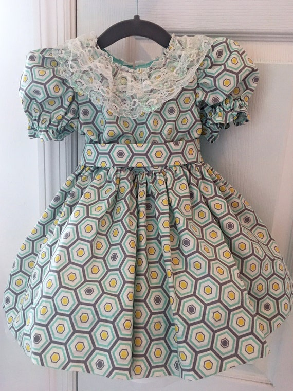 Little Girl Geometric Print Aqua Dress, Baby Girl Yellow Handmade Dress, Tulle Skirt, Easter Birthday Holiday Dress