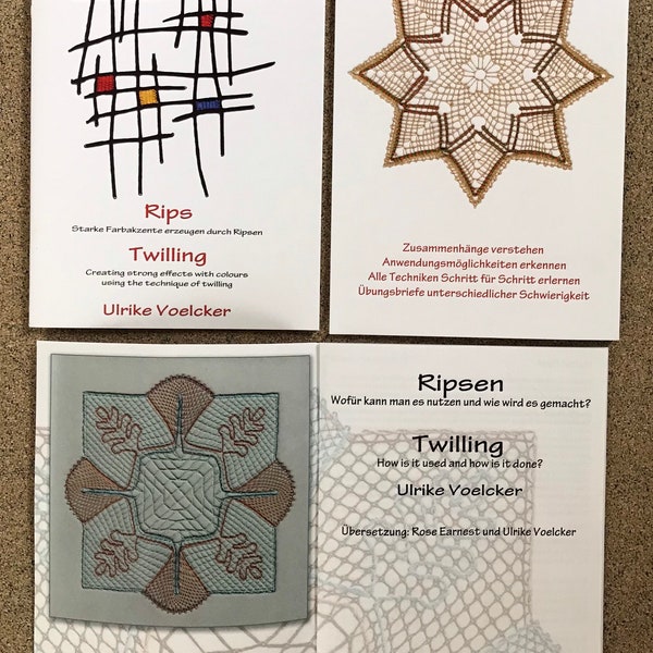 Bobbin Lace Booklets 19.50-22.50ea - Ulrike Voelcker- Rips-Twilling Creating strong effect w/color or Schneestern "Snow Star" 48 grounds