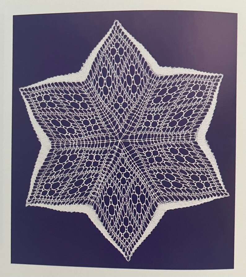 May include: A white, star-shaped doily with intricate lace detailing. The doily is set against a dark blue background, creating a striking contrast. The lace pattern features a combination of openwork and solid areas, forming a delicate and elegant design. This item is perfect for home decor.