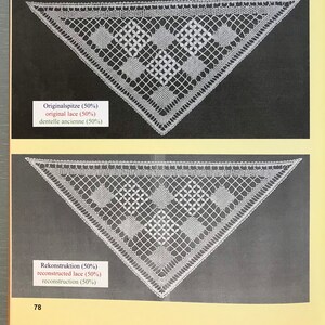 K&ouml;nnte beinhalten: Zwei dreieckige St&uuml;cke wei&szlig;er Spitze, eines original und eines rekonstruiert. Die Originalspitze befindet sich oben und die rekonstruierte Spitze unten. Beide St&uuml;cke haben ein &auml;hnliches Design mit einem zentralen Blumenmotiv.