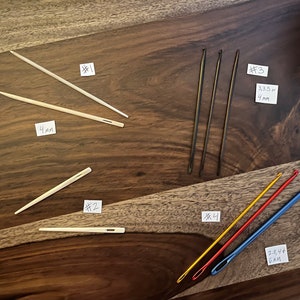 Sprang or Nalbinding Tools 7.50-9.50 ea -Locker Needles for Crochet w/ hook & eye available in bone, rosewood, or alum or nalbinding needle