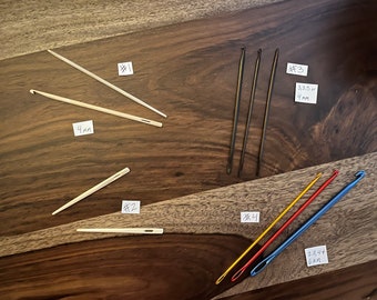 Sprang or Nalbinding Tools 6.50-8.50 ea -Locker Needles for Crochet w/ hook & eye available in bone, rosewood, or alum or nalbinding needle