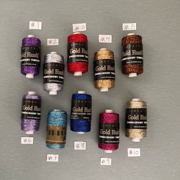 Metallic Bobbin Lace Thread - Gold Rush Embroidery Thread 100 meters per spool 7.50 each available in Purple, Silver, Red, Gold and Bronze
