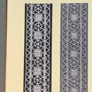 K&ouml;nnte beinhalten: Zwei Nahaufnahmen von zwei Spitzenmustern, eines original und eines rekonstruiert. Die Originalspitze ist wei&szlig; und hat ein geometrisches Muster. Die rekonstruierte Spitze ist ebenfalls wei&szlig; und hat ein &auml;hnliches geometrisches Muster. Der Text "Muster 28" und "Pattern 28" ist oben im Bild sichtbar.
