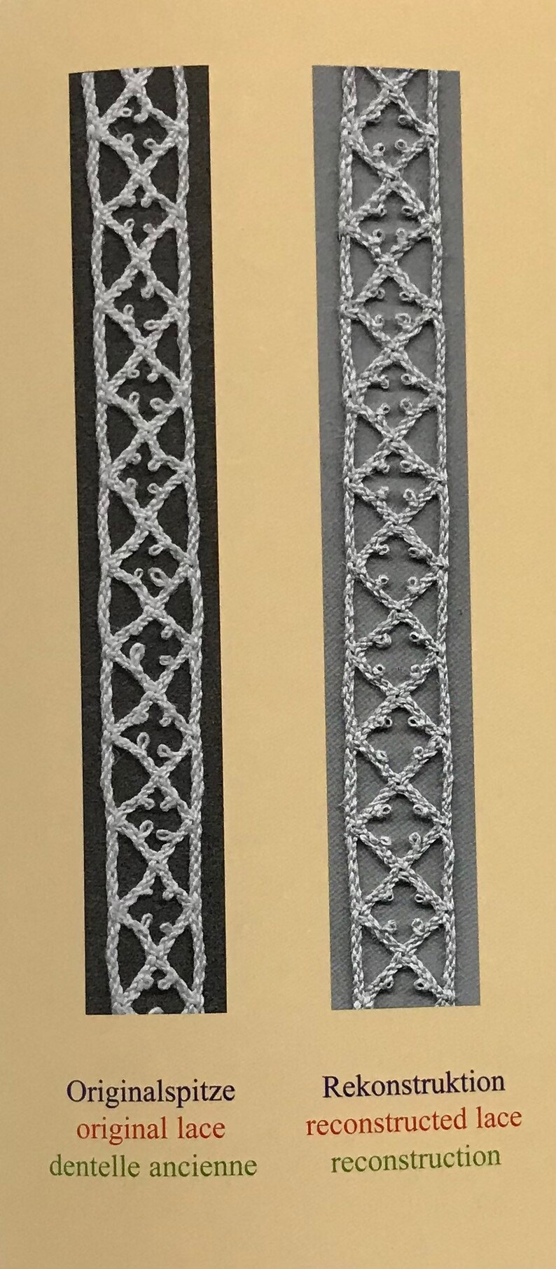 K&ouml;nnte beinhalten: Ein nebeneinander liegender Vergleich von zwei Spitzenproben. Die linke Probe ist mit "Originalspitze" und "original lace" und "dentelle ancienne" beschriftet. Die rechte Probe ist mit "Rekonstruktion" und "reconstructed lace" und "reconstruction" beschriftet. Beide Proben zeigen ein wei&szlig;es, filigranes Spitzenmuster.