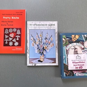 Bobbin Lace Books 24.50 to 28.50 ea - Pretty Binche by Steffi Reinhardt and Katrin Zschoche, 16 vel'konocnych vajicok or Lace Threads in dD