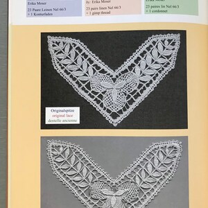 K&ouml;nnte beinhalten: Nahaufnahme von zwei Spitzenkragen, einer original und einer rekonstruierten. Der originale Spitzenkragen ist wei&szlig; und hat ein zartes, filigranes Design. Der rekonstruierte Spitzenkragen ist ebenfalls wei&szlig; und hat ein &auml;hnliches Design, ist aber etwas weniger filigran. Der Text "Muster 38", "Pattern 38" und "Mod&egrave;le 38" ist auf dem Bild zu sehen.