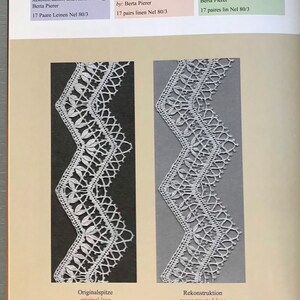 K&ouml;nnte beinhalten: Zwei wei&szlig;e Spitzenproben, eine Original und eine rekonstruierte. Die Originalspitze ist links und die rekonstruierte Spitze ist rechts. Beide Proben sind 56 mm breit. Der Text "Muster 31", "Pattern 31" und "Mod&egrave;le 31" ist im Bild sichtbar.