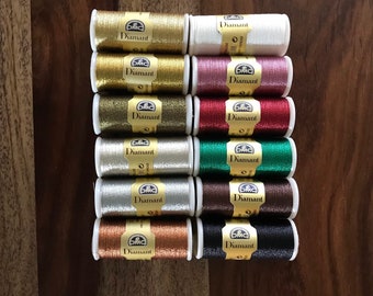 Metallic Bobbin Lace/Embroidery Thread- 4.50 each Available in Mez Diadem colors Gold or Silver or DMC Diamant Color Brownish Bronze