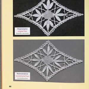 K&ouml;nnte beinhalten: Zwei wei&szlig;e Spitzendeckchen, eines mit der Aufschrift "Originals Spitze" und das andere mit "Rekonstruktion". Die Deckchen sind beide rautenf&ouml;rmig mit einem floralen Muster in der Mitte.