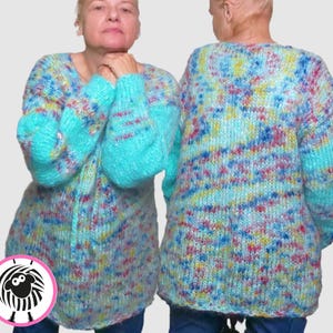 Hand-Knitted Mohair Jumper – Colourful Speckled Sweater with Turquoise Sleeves – Size M (S Oversize, L Relaxed)