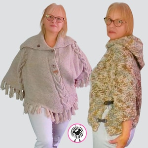 May include: A light gray knitted poncho with a shawl collar, cable knit detailing, and fringe trim. The poncho has wooden toggle closures and is shown on a person wearing glasses. The second image shows a hooded poncho with toggle closures.