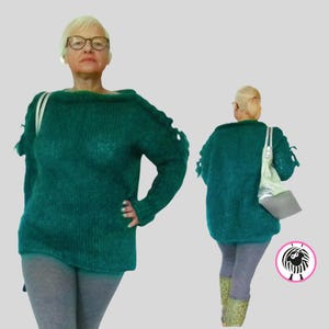 Hand-Knit Mohair Jumper | Fluffy Green Oversized Cable Knit Sweater, Soft Slouchy Pullover | Unique Cozy Knitwear