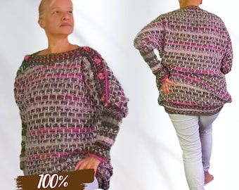 Handgebreide wollen tuniek - oversized trui, slouchy trui, trui met boothals, dameswollen breisel