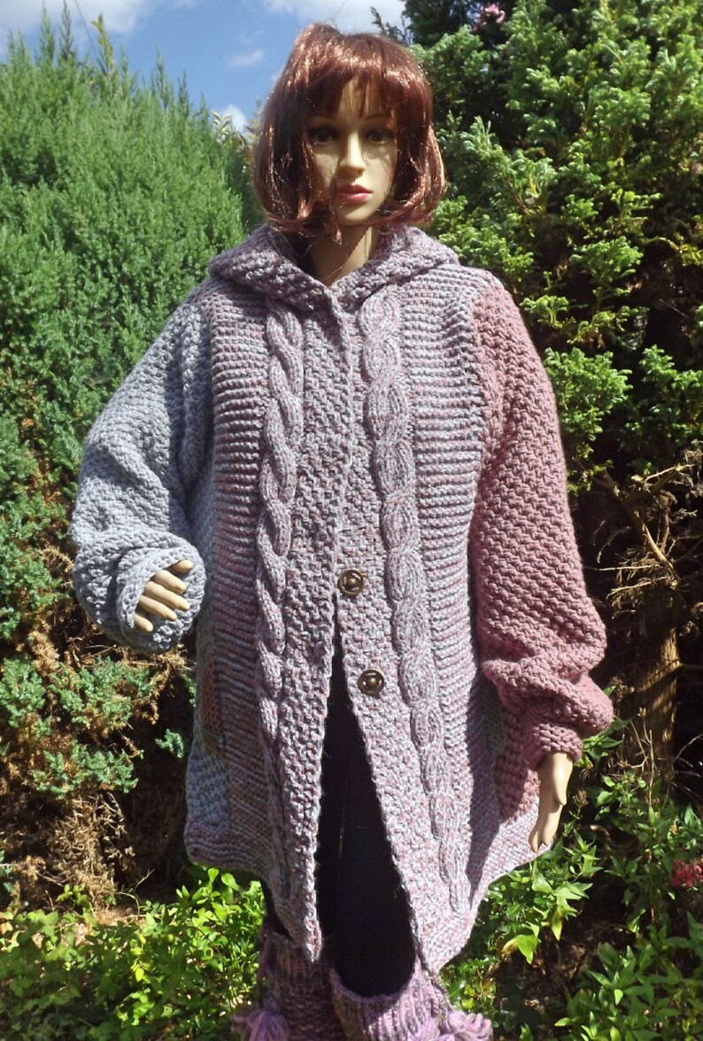 Two colored cable hooded jacket pattern PDF English Etsy