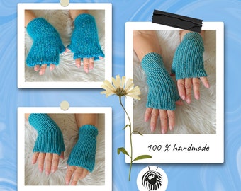 Soft Wool Fingerless Gloves - Blue Hand Warmer Mittens for Small/Medium Women