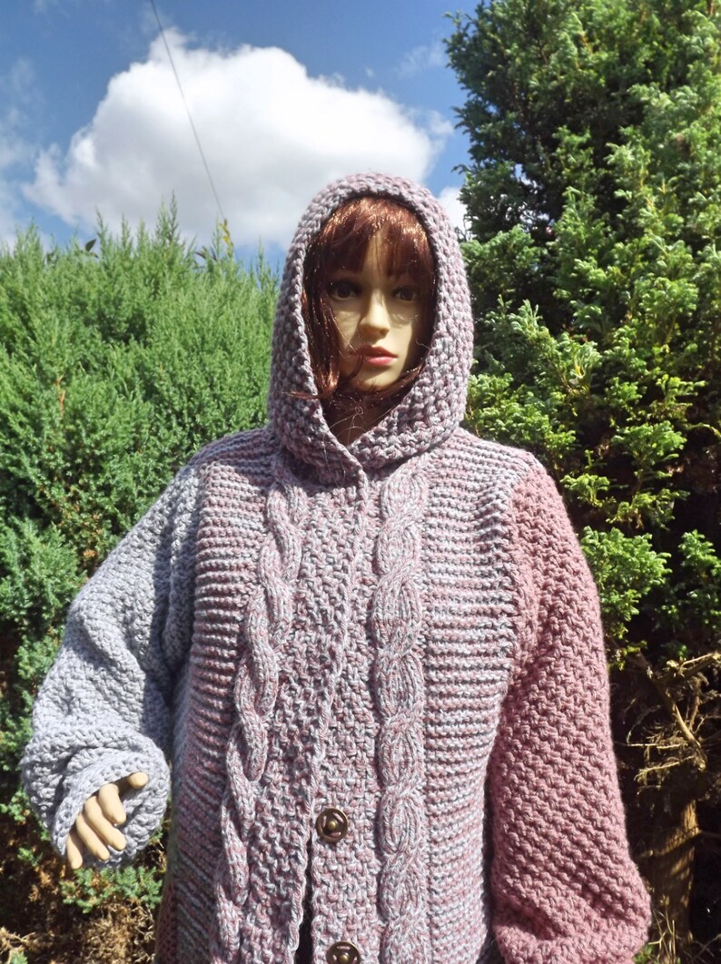 Two colored cable hooded jacket pattern PDF English Etsy