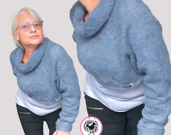 Hand-Knitted Cropped Mohair Sweater | Petrol Blue Fluffy Turtleneck | Cozy Wool Jumper
