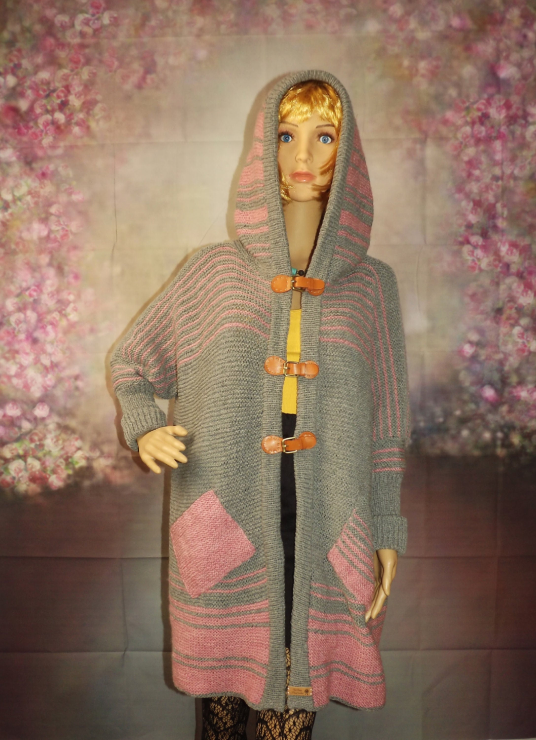 Grey and Pink Cardigancoat With Hood. Hand Made of 100 Etsy UK