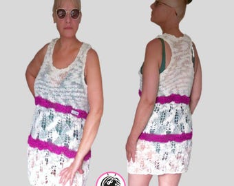 Handmade Beach Cover-Up | Cotton Blend Summer Tunic | White Magenta Knit Dress | Boho Resort Wear
