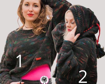 Jersey negro de punto hecho a mano / Jersey de lana merino con confeti / Sudadera con capucha de lana y alpaca / Jersey holgado estilo boho