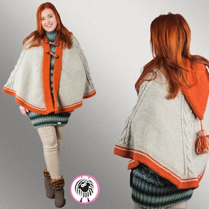 Handgebreide poncho met capuchon – tweekleurige cape van wolmix met pompons, gezellige one size laag, zacht gebreide sjaal voor alle seizoenen