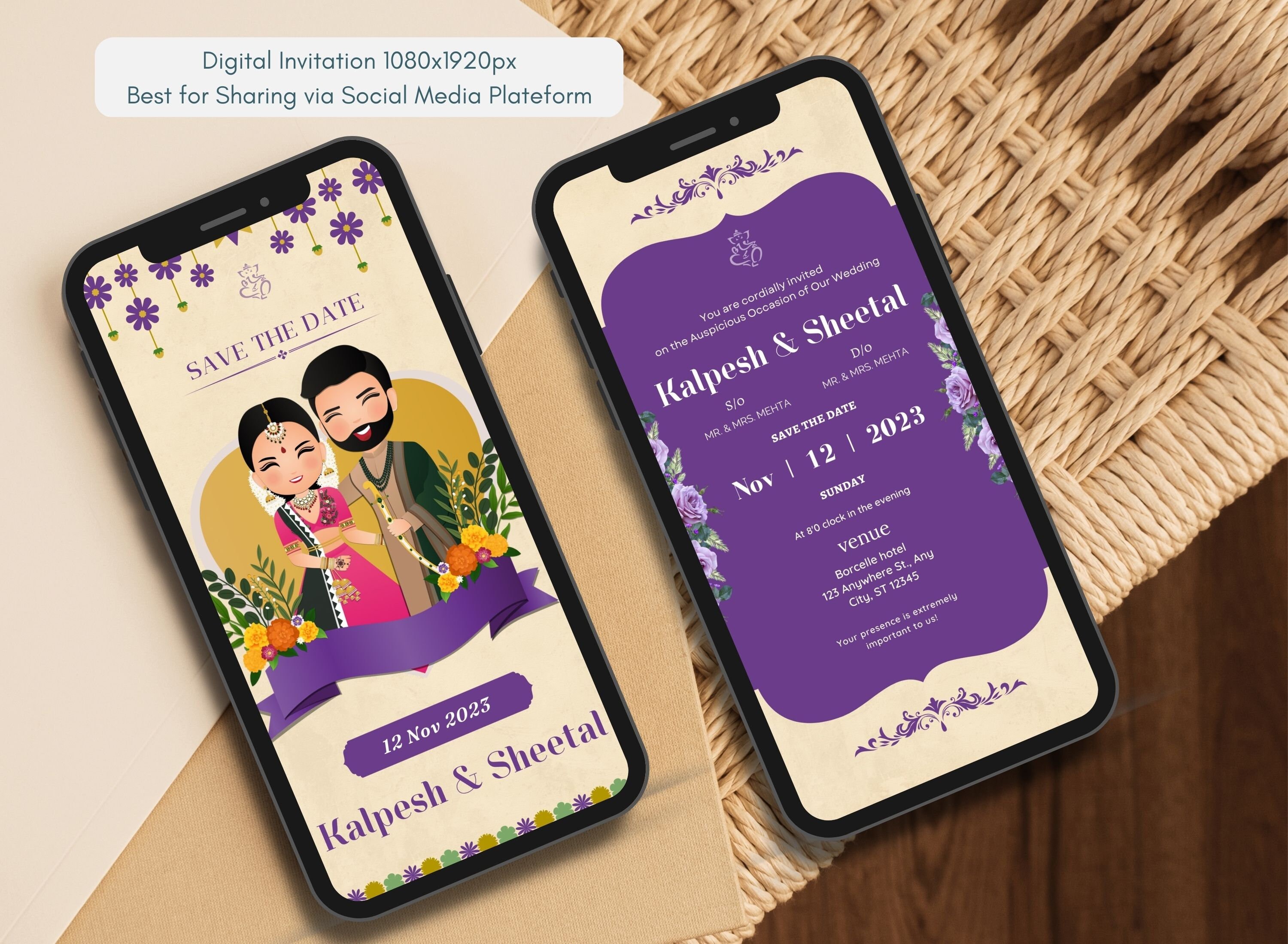 Purple Indian Wedding Invitation Template | Cute Couple Digital Invite ...
