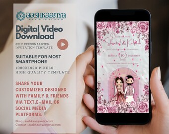 May include: A digital video invitation template for a wedding. The template features a pink and white floral design with a couple's names, "Sheetal & Kalpesh", and the date "Sunday, 10 December 2023 at 7pm".