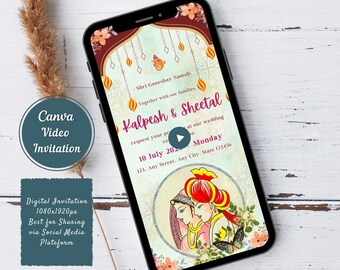 Könnte beinhalten: Eine digitale Videoeinladung zu einer Hochzeit mit einem farbenfrohen Blumendesign. Die Einladung zeigt ein Paar in traditioneller indischer Kleidung, einen Play-Button und den Text "Shri Ganeshay Namah: Together with our families Kalpesh & Sheetal request your presence at our wedding ceremony on Monday 10 July 202... 123. Any Street. Any City. State 123456".